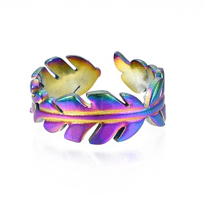 304 Stainless Steel Leaf Wrapped Cuff Ring RJEW-N038-060-1