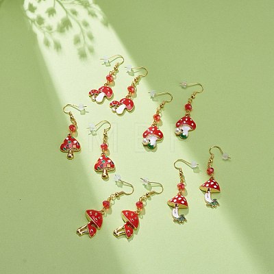 Red Alloy Enamel Mushroom with Glass Beaded Dangle Earrings EJEW-JE05049-1