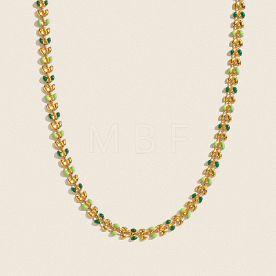 304 Stainless Steel Enamel Green Leaf Link Chain Necklaces for Women OR8327-1