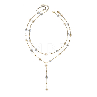 304 Stainless Steel Glass Flower Link Chain Double Layer Y Necklaces NJEW-JN06669-1