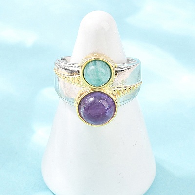 Natural Amethyst & Natural Amazonite with Brass Cuff Open Rings RJEW-B163-01GP-03-1