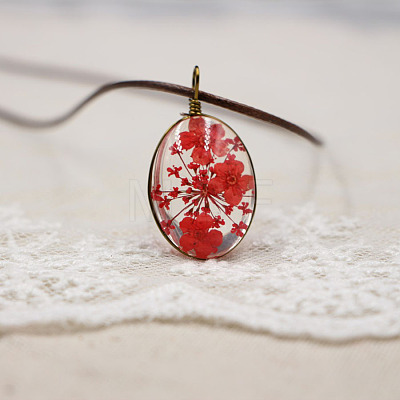 Alloy Wire Wrapped Oval Glass Inner Dried Flower Pendant Waxed Cord Necklaces for Women FS-WG6B63C-10-1