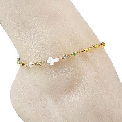 Baras Pave Clar Cubic Zirconia Flat Round & Cross Natural White Shell & Faceted Rondelle Glass Bead Chain Anklets for Women AJEW-AN00824-1