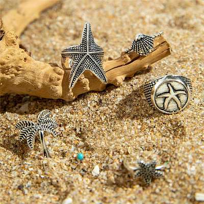 8Pcs 8 Styles Alloy Starfish/Shell Shape/Coconut Tree Finger Rings PW-WG7F8AF-01-1