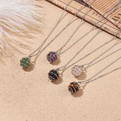 Natural Gemstone Cage Pendant Necklace with 304 Stainless Steel Cable Chains for Women NJEW-JN03905-01-1