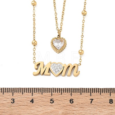 Mother's Day Double Layer 304 Stainless Steel Pave Clear Cubic Zirconia Word Mom Heart Pendant Necklaces for Women NJEW-L015-02G-1