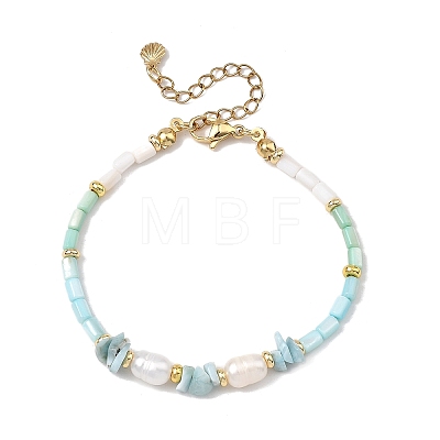 Natural Cultured Freshwater Pearl & Dyed Freshwater Shell & Larimar Chip Beaded Bracelets for Women BJEW-JB13950-1