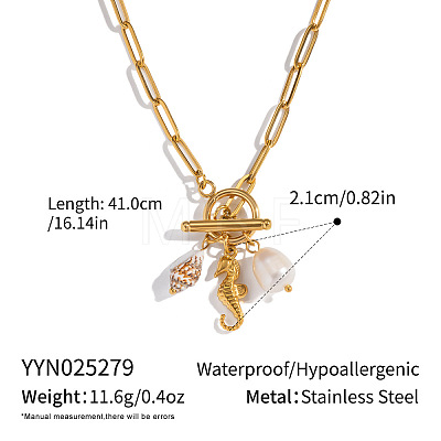 Summer Beach 304 Stainless Steel Sea Horse & Natural Shell & Imitation Pearl Pendant Necklaces EU3290-1-1