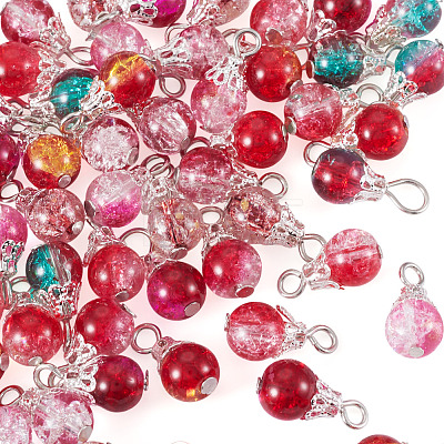 70Pcs 7 Colors Transparent Crackle Glass Round Bead Pendants PALLOY-TADJ00017-1