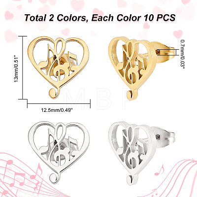 Unicraftale 10 Pairs 2 Colors Heart with Musical Note 304 Stainless Steel Stud Earrings for Women STAS-UN0034-78-1