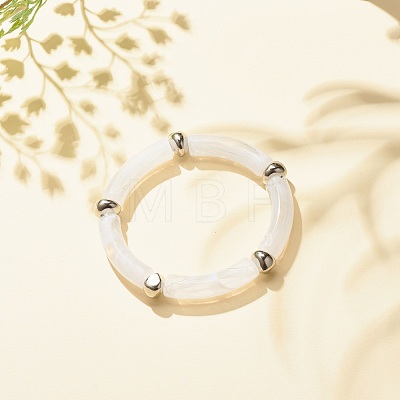 White Acrylic Curved Tube Chunky Stretch Bracelet with CCB Plastic for Women BJEW-JB08126-01-1