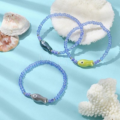 Porcelain Fish & Seed Beaded Stretch Bracelet BJEW-JB09615-1