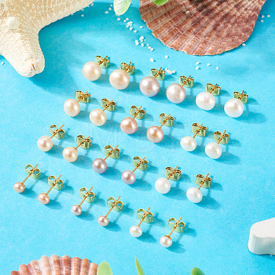 6Pcs 3 Colors Natural Cultured Freshwater Pearl Stud Earrings EJEW-TAC00025-1