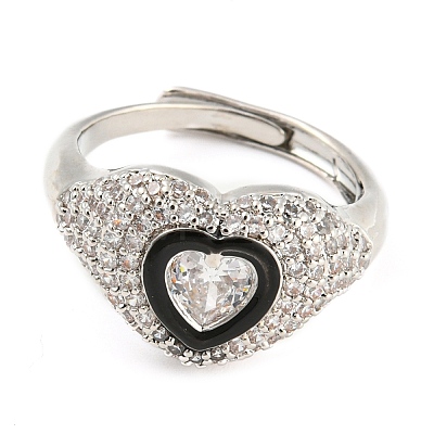 Enamel Heart Adjustable Ring with Clear Cubic Zirconia RJEW-Q781-01P-01-1