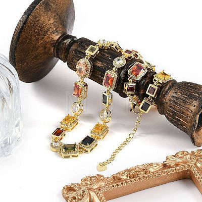 Brass Colorful Cubic Zirconia Cup Chain Oval & Rectangle Necklaces for Women NJEW-M079-05G-1