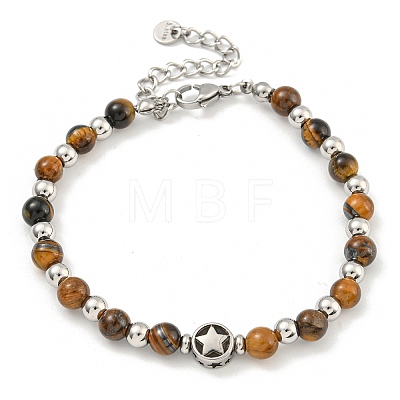 304 Stainless Steel & Natural Tiger Eye Round Beaded Bracelets for Women BJEW-G717-13-1