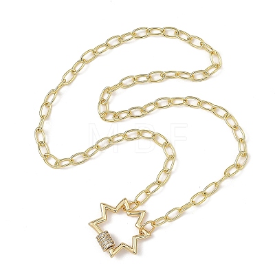Brass Paperclip Chain Necklaces with Star Brass Micro Pave Clear Cubic Zirconia Screw Carabiner Lock Charms NJEW-JN06411-1