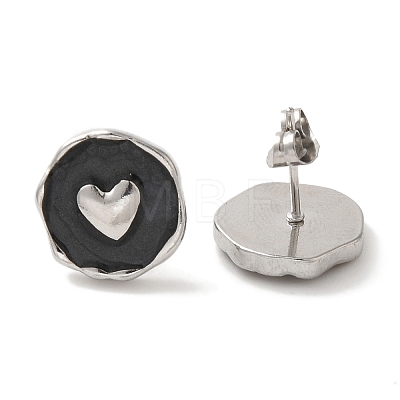 304 Stainless Steel Flat Round with Heart Stud Earrings EJEW-C114-15P-01-1