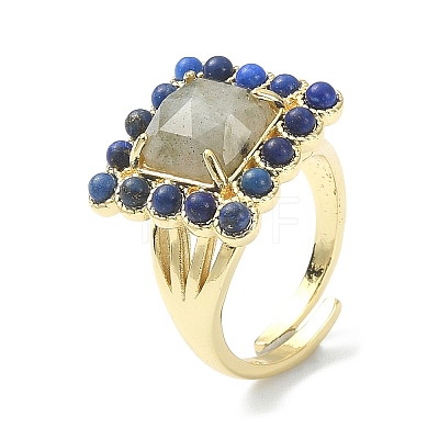 Natural Labradorite & Lapis Lazuli Rectangle Adjustable Ring RJEW-B030-01A-08-1