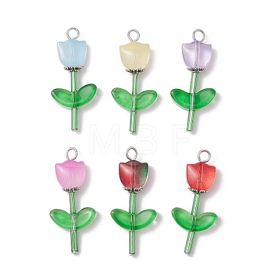 Transparent Glass Beads with Tibetan Style Alloy Caps and Glass Bugle Beads and Brass Flat Head Pins Pendants PALLOY-JF03623-1