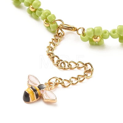 Glass Seed Beaded Flower Necklace with Alloy Enamel Bee Charm NJEW-JN03817-02-1