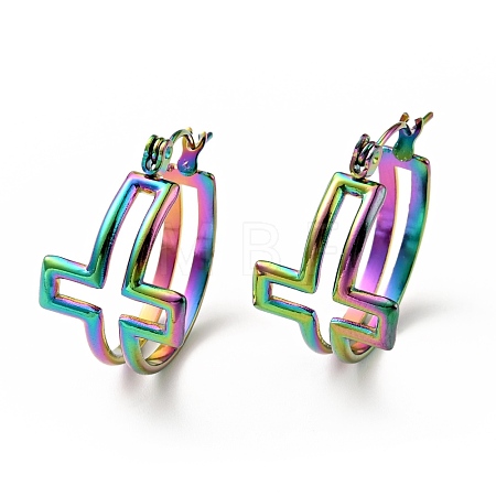 Ion Plating(IP) Rainbow Color 304 Stainless Steel Cross Hoop Earrings for Women EJEW-G293-02M-1