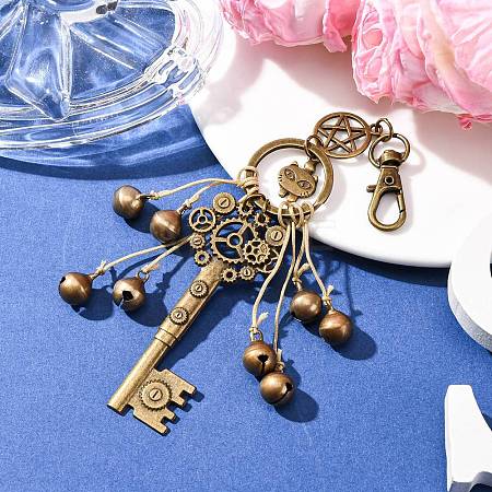 Alloy Cat Head & Brass Bell & Key Pendant Decorations HJEW-JM04094-1