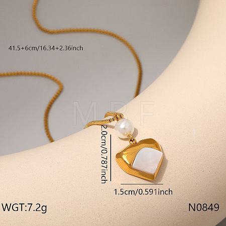 304 Stainless Steel Natural White Shell Pendant Necklaces with Imitation Pearl for Women WG91666-06-1