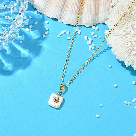 Summer Natural Baroque Keshi Pearl & Alloy Shell Slice Square Pendant Brass Cable Chain Necklaces NJEW-JN06048-1