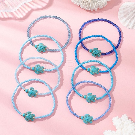 8Pcs Glass Seed Beaded & Synthetic Turquoise Turtle Beaded Stretch Bracelets Set for Women BJEW-MZ00319-1