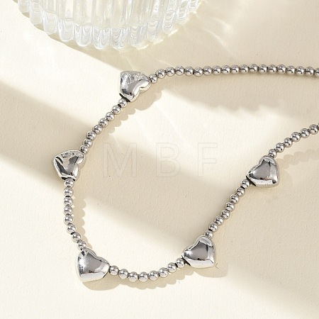 Brass Round Heart Beaded Necklaces NJEW-Z120-01P-1
