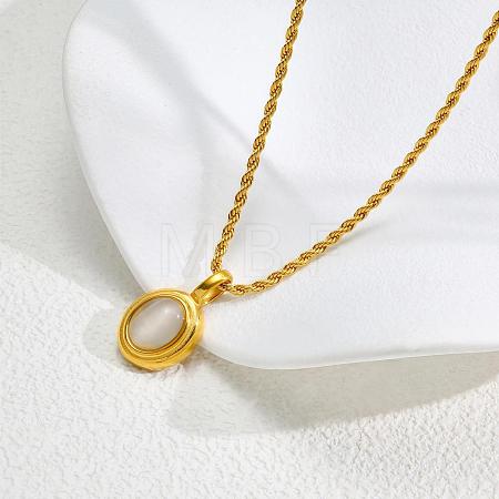 304 Stainless Steel with Cat Eye Oval Pendant Rope Chain Necklaces for Women FS-WG728AB-01-1