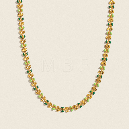 304 Stainless Steel Enamel Green Leaf Link Chain Necklaces for Women OR8327-1