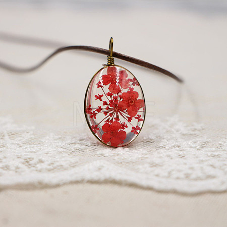 Alloy Wire Wrapped Oval Glass Inner Dried Flower Pendant Waxed Cord Necklaces for Women FS-WG6B63C-10-1