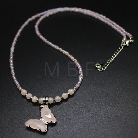 Natural Rose Quartz Alloy Butterfly Pendant Glass Seed Beaded Necklaces for Women TG9550-2-1