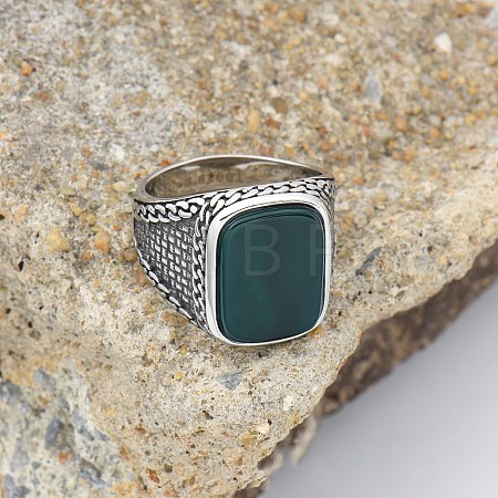 304 Stainless Steel with Natural Green Onyx Agate Finger Rings FS-WG67565-14-1
