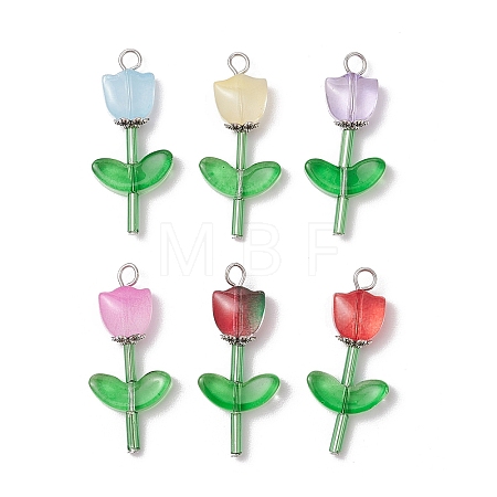 Transparent Glass Beads with Tibetan Style Alloy Caps and Glass Bugle Beads and Brass Flat Head Pins Pendants PALLOY-JF03623-1