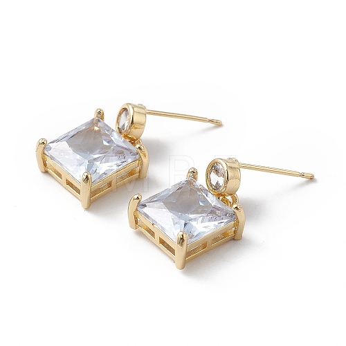 Clear Cubic Zirconia Square Dangle Stud Earrings EJEW-L261-002G-1