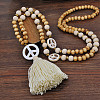 Wood & Synthetic Turquoise Beaded Peace Sign Mala Necklaces with Tassel for Women FS-WGC7FA0-01-4