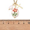 201 Stainless Steel Cross and Flower Printed Handmade Porcelain Oval Pendant Necklaces NJEW-JN06319-4