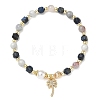 Brass Micro Pave Clear Cubic Zirconia Charm Natural Aquamarine Round and Faceted Cube Lapis Lazuli Beaded Stretch Bracelets for Women BJEW-JB14378-02-3