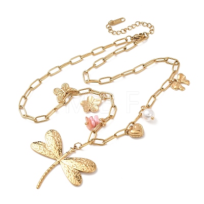 304 Stainless Steel Dragonfly Flower Bowknot Pendant Necklaces for Women SA-CBA364C-02G-1