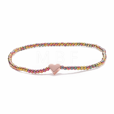 Glass Round Beaded Stretch Bracelet with Brass Heart for Women BJEW-JB08090-1