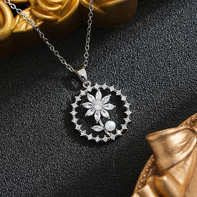 Brass Pave Clear Cubic Zirconia Ring with Flower Pendant 201 Stainless Steel Cable Chain Necklaces for Women WGD11B6-02-1
