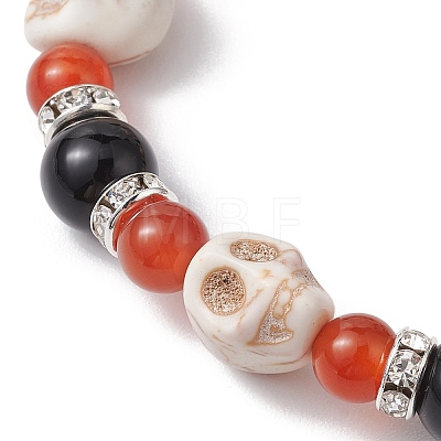 Halloween Skull Synthetic Turquoise & Natural Red Agate & Black Onyx Beaded Stretch Bracelets BJEW-TA00485-1