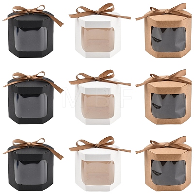 10Pcs Hexagon Kraft Paper Cake Boxes with Visual Window and Ribbon CON-YW0001-88A-1