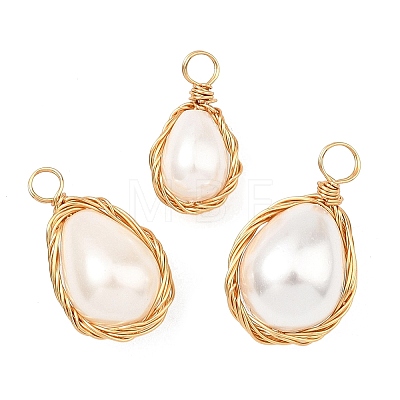 3Pcs 3 Sizes Polished Shell Pearl Copper Wire Wrapped Pendants PALLOY-JF05893-1