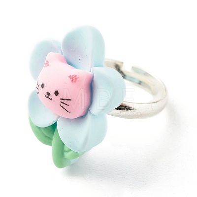 Flower with Cat Resin Adjustable Ring RJEW-JR00424-01-1