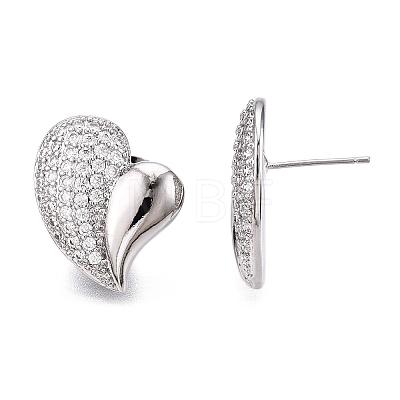 Left and Right Heart Brass Pave Clear Cubic Zirconia Stud Earrings EJEW-M258-040P-1