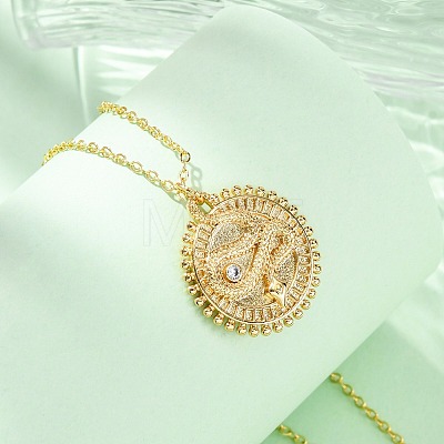 Brass Micro Pave Clear Cubic Zirconia Flat Round with Snake Pendant Necklaces NJEW-S438-02A-G-1